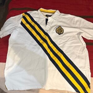 White Polo Shirt with Yellow and Navy Stripes